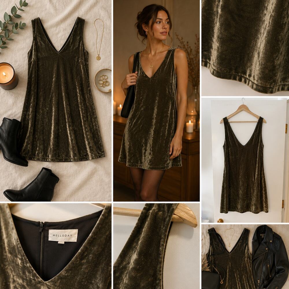 Melloday Olive Crushed Velvet | Mini Dress V Neck Luxe ✨